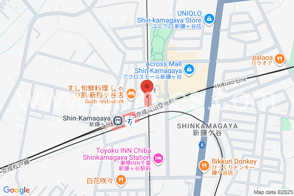 新鎌ヶ谷メンズエステの地図です。map of Shin-Kamagaya station where spa and massage salons are located