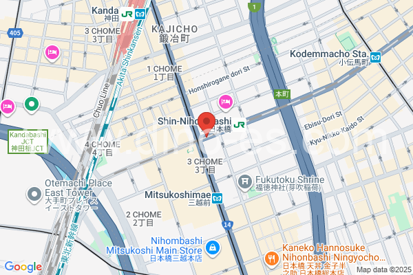 新日本橋メンズエステの地図です。map of Shin-Nihombashi station where spa and massage salons are located