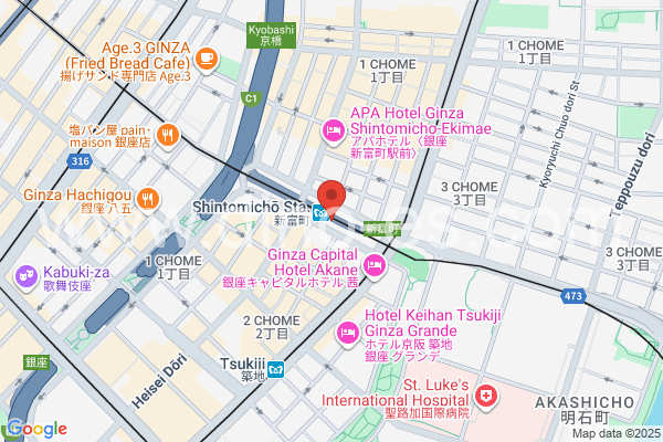新富町(東京)メンズエステの地図です。map of Shintomichō station where spa and massage salons are located