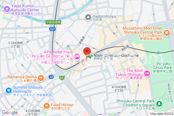 西新宿五丁目メンズエステの地図です。map of Nishi-Shinjuku Gochōme station where spa and massage salons are located