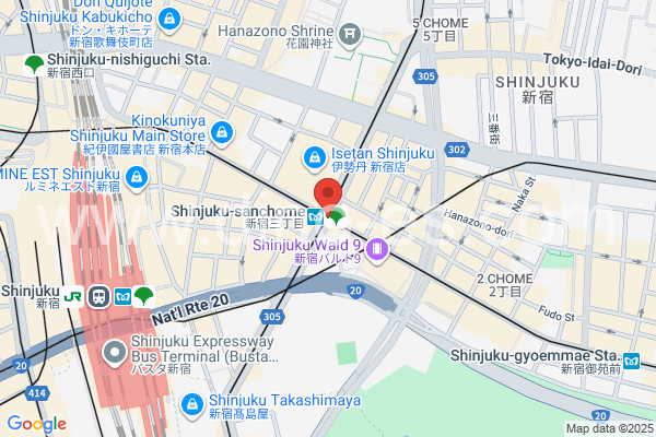 新宿三丁目メンズエステの地図です。map of Shinjuku Sanchome station where spa and massage salons are located
