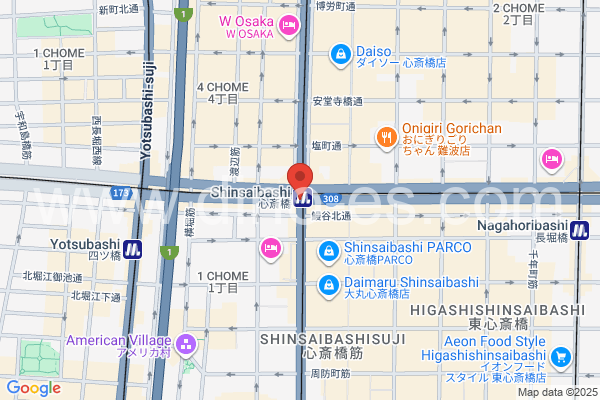 心斎橋メンズエステの地図です。map of Shinsaibashi station where spa and massage salons are located