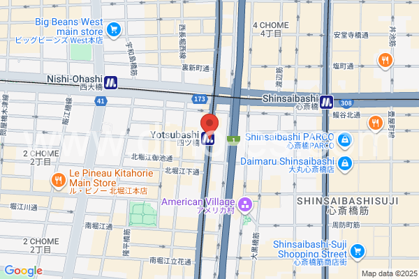 四ツ橋メンズエステの地図です。map of Yotsubashi station where spa and massage salons are located