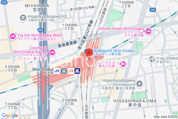 新大阪メンズエステの地図です。map of Shin-Ōsaka station where spa and massage salons are located