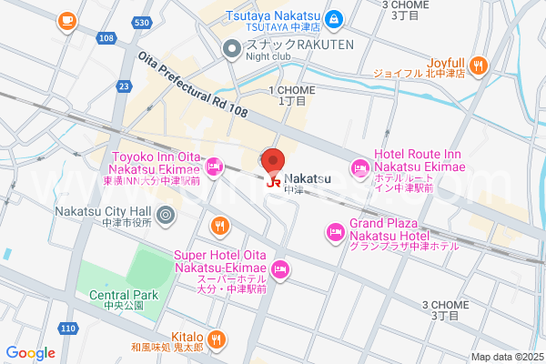 中津メンズエステの地図です。map of Nakatsu station where spa and massage salons are located