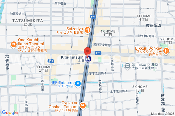 北巽メンズエステの地図です。map of Kita-Tatsumi station where spa and massage salons are located