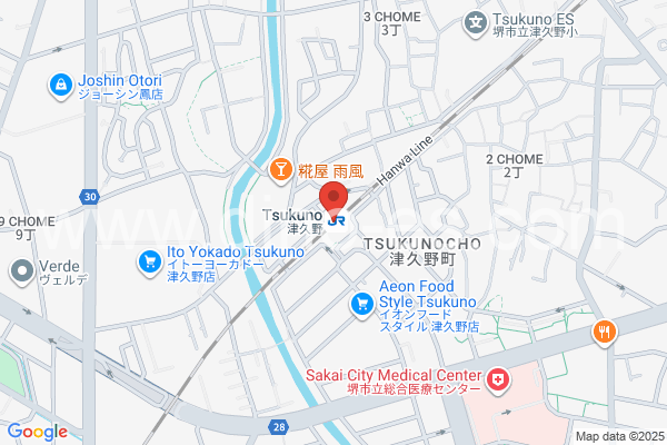 津久野メンズエステの地図です。map of Tsukuno station where spa and massage salons are located