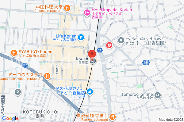香里園メンズエステの地図です。map of Kōrien station where spa and massage salons are located