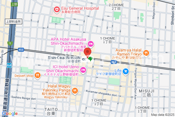 新御徒町メンズエステの地図です。map of Shin-Okachimachi station where spa and massage salons are located