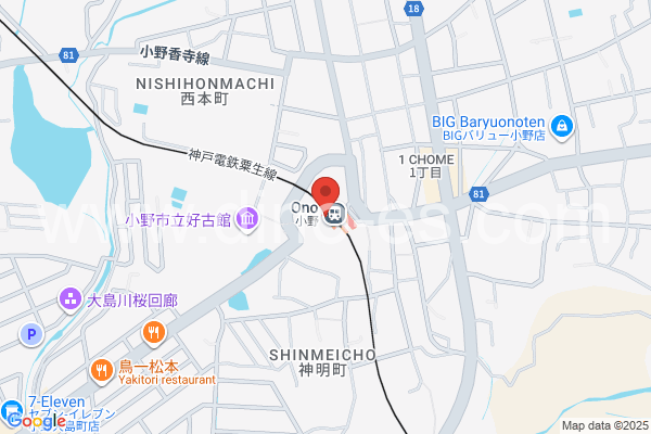 小野(兵庫)メンズエステの地図です。map of Ono station where spa and massage salons are located