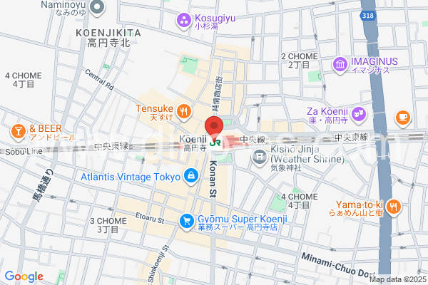 高円寺メンズエステの地図です。map of Kouenji station where spa and massage salons are located