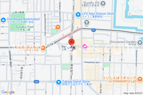 二条メンズエステの地図です。map of Nijō station where spa and massage salons are located