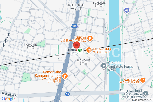 一之江メンズエステの地図です。map of Ichinoe station where spa and massage salons are located