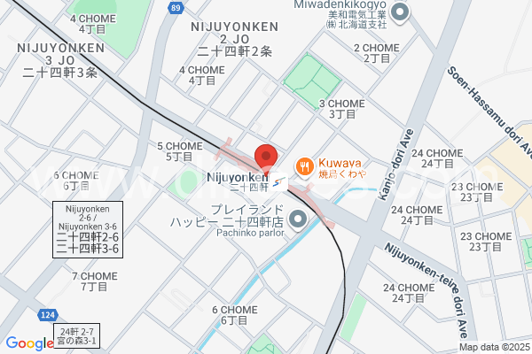 二十四軒メンズエステの地図です。map of Nijūyonken station where spa and massage salons are located