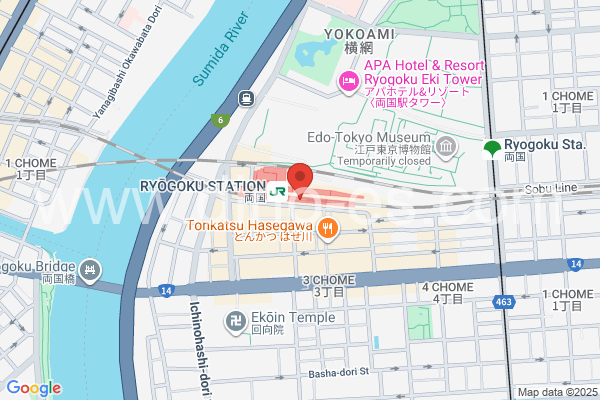 両国メンズエステの地図です。map of Ryōgoku station where spa and massage salons are located
