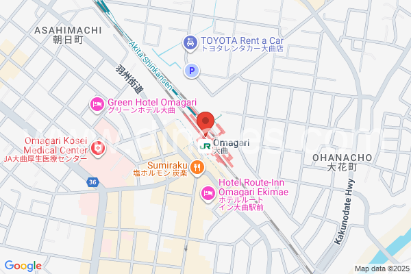 大曲(秋田)メンズエステの地図です。map of Ōmagari station where spa and massage salons are located
