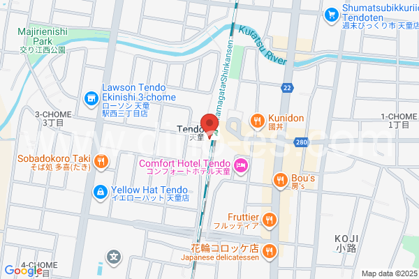 天童メンズエステの地図です。map of Tendō station where spa and massage salons are located
