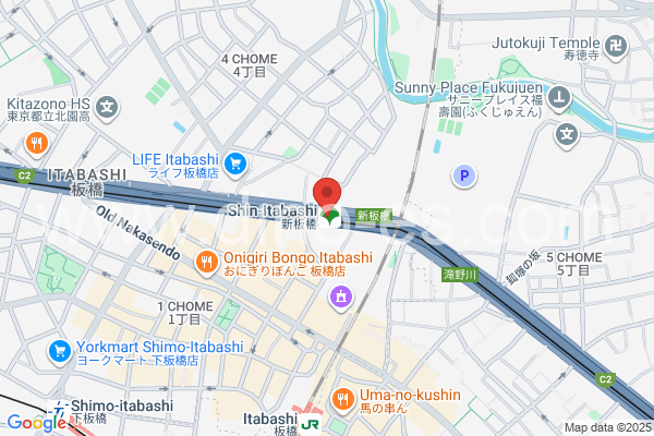 新板橋メンズエステの地図です。map of Shin-Itabashi station where spa and massage salons are located