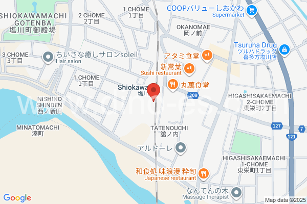 塩川メンズエステの地図です。map of Shiokawa station where spa and massage salons are located