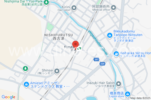 古津メンズエステの地図です。map of Furutsu station where spa and massage salons are located