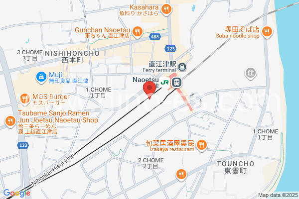 直江津メンズエステの地図です。map of Naoetsu station where spa and massage salons are located