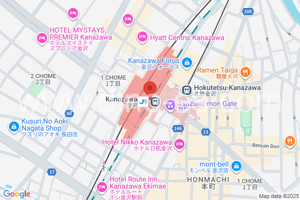 金沢メンズエステの地図です。map of Kanazawa station where spa and massage salons are located