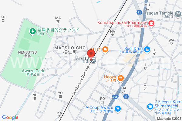 粟津(石川)メンズエステの地図です。map of Awazu station where spa and massage salons are located