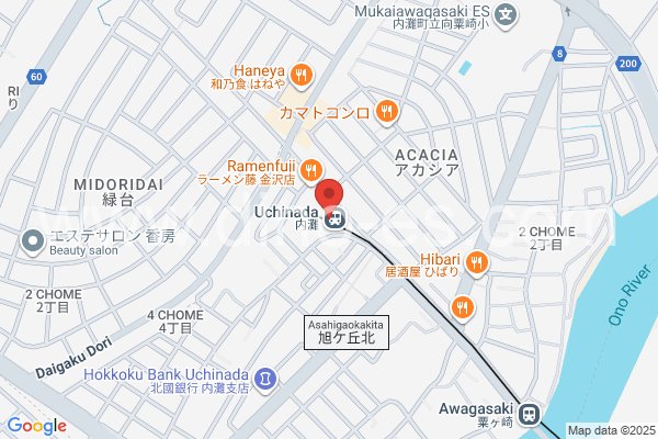 内灘メンズエステの地図です。map of Uchinada station where spa and massage salons are located
