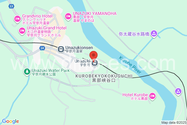 宇奈月メンズエステの地図です。map of Unazuki station where spa and massage salons are located