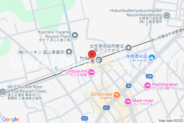 入善メンズエステの地図です。map of Nyūzen station where spa and massage salons are located