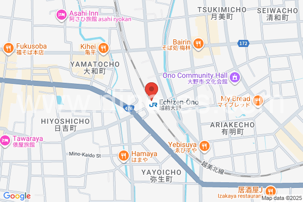 越前大野メンズエステの地図です。map of Echizen-Ōno station where spa and massage salons are located