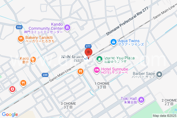 西出雲メンズエステの地図です。map of Nishi-Izumo station where spa and massage salons are located