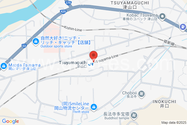 津山口メンズエステの地図です。map of Tsuyamaguchi station where spa and massage salons are located