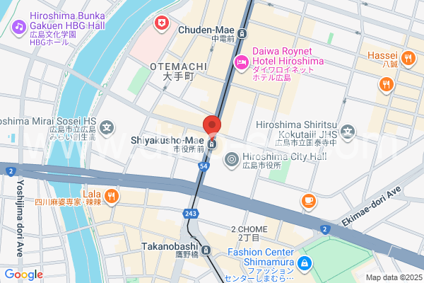 市役所前(広島)メンズエステの地図です。map of Shiyakusho-mae station where spa and massage salons are located