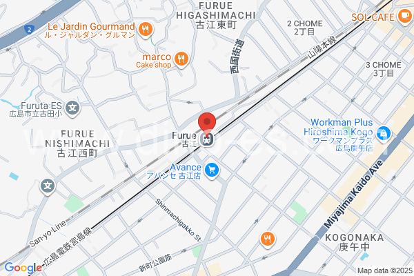 古江メンズエステの地図です。map of Furue station where spa and massage salons are located