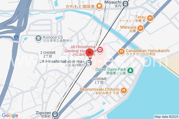ＪＡ広島病院前メンズエステの地図です。map of JA Hiroshima Byōin Mae station where spa and massage salons are located
