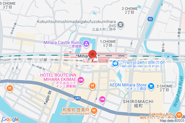 三原メンズエステの地図です。map of Mihara station where spa and massage salons are located