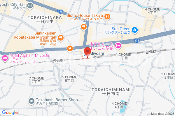 三次メンズエステの地図です。map of Miyoshi station where spa and massage salons are located
