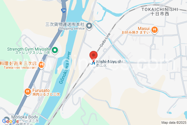 西三次メンズエステの地図です。map of Nishi-Miyoshi station where spa and massage salons are located
