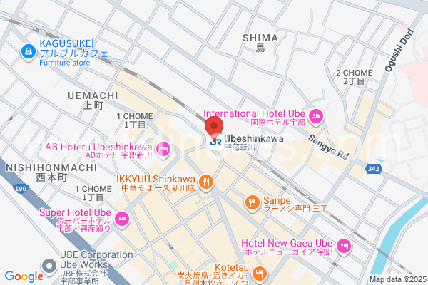 宇部新川メンズエステの地図です。map of Ube-Shinkawa station where spa and massage salons are located