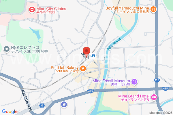 美祢メンズエステの地図です。map of Mine station where spa and massage salons are located