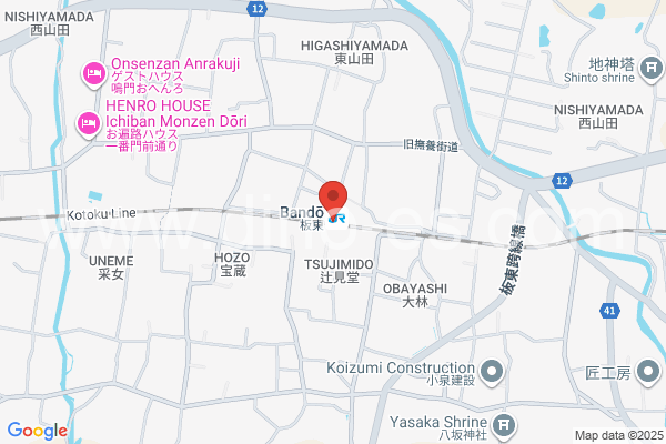 板東メンズエステの地図です。map of Bandō station where spa and massage salons are located