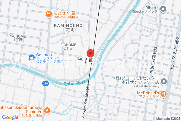 三条(高松)メンズエステの地図です。map of Sanjō station where spa and massage salons are located