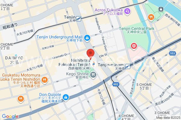 西鉄福岡(天神)メンズエステの地図です。map of Nishitetsu Fukuoka station where spa and massage salons are located