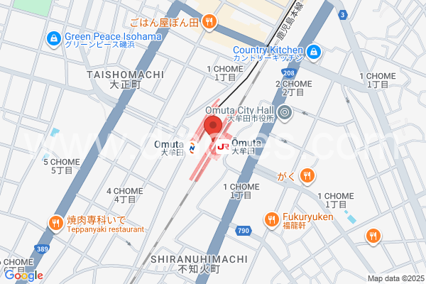 大牟田メンズエステの地図です。map of Ōmuta station where spa and massage salons are located