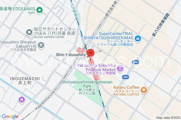 新八代メンズエステの地図です。map of Shin-Yatsushiro station where spa and massage salons are located