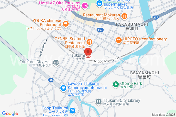 津久見メンズエステの地図です。map of Tsukumi station where spa and massage salons are located