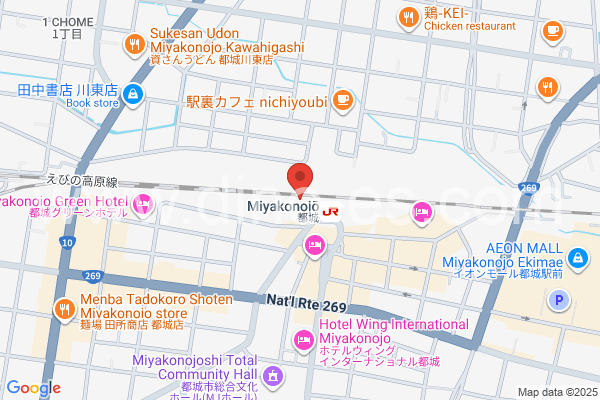 都城メンズエステの地図です。map of Miyakonojō station where spa and massage salons are located
