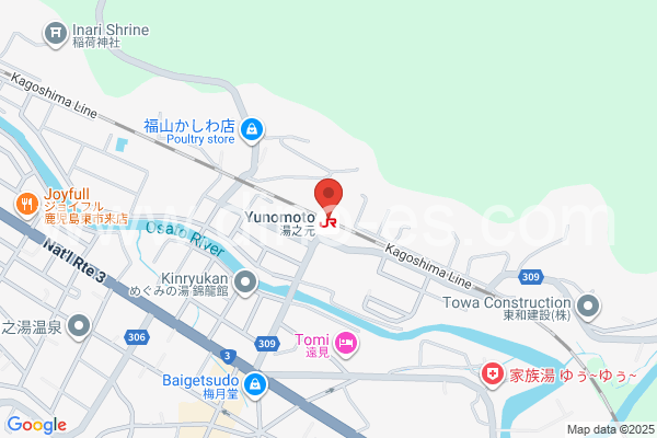 湯之元メンズエステの地図です。map of Yunomoto station where spa and massage salons are located