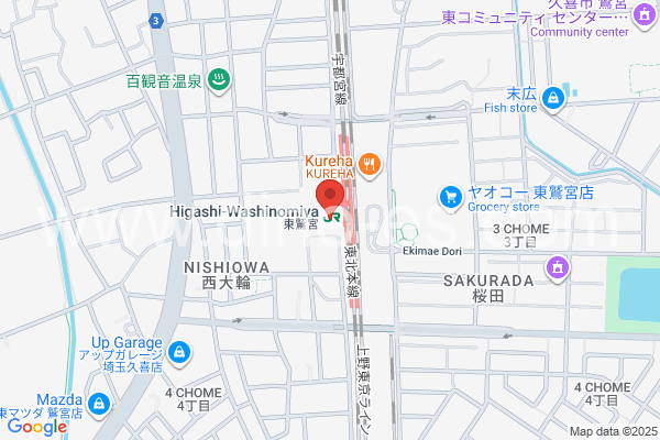 東鷲宮メンズエステの地図です。map of Higashi-Washinomiya station where spa and massage salons are located